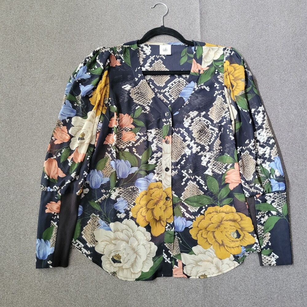 Cabi S Navy Snake Charmer Floral Reptile Print Long Sleeve Buttoned Blouse 693